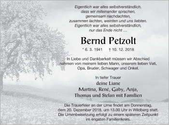 Traueranzeige von Bernd Petzolt von Neubrandenburger Zeitung