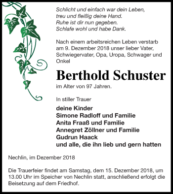 Traueranzeige von Berthold Schuster von Prenzlauer Zeitung