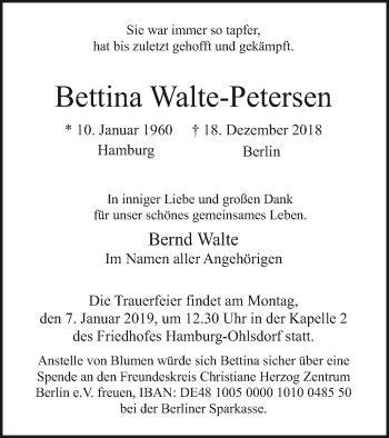 Traueranzeige von Bettina Walte-Petersen von Neubrandenburger Zeitung