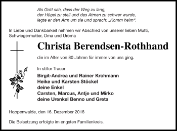 Traueranzeige von Christa Berendsen-Rothhand von Haff-Zeitung