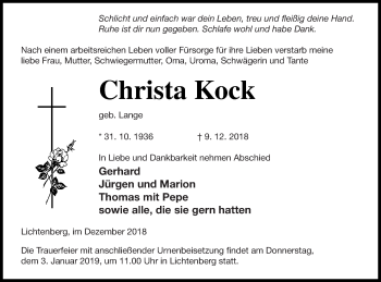 Traueranzeige von Christa Kock von Strelitzer Zeitung