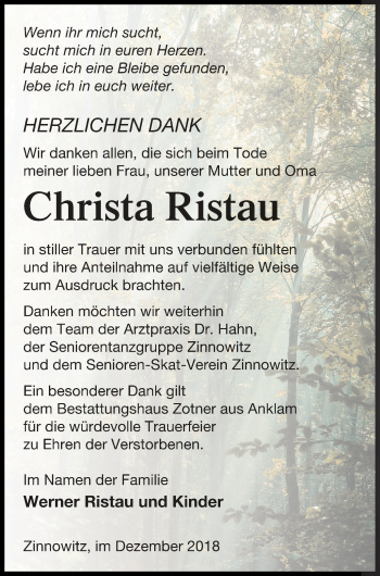 Traueranzeige von Christa Ristau von Vorpommern Kurier