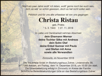 Traueranzeige von Christa Ristau von Vorpommern Kurier