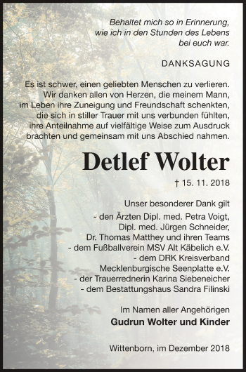 Traueranzeige von Detlef Wolter von Neubrandenburger Zeitung