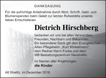 Traueranzeige von Dietrich Hirschberg von Strelitzer Zeitung