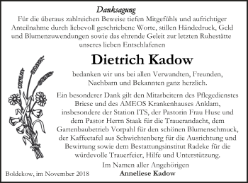 Traueranzeige von Dietrich Kadow von Vorpommern Kurier