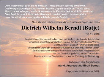 Traueranzeige von Dietrich Wilhelm Berndt von Haff-Zeitung