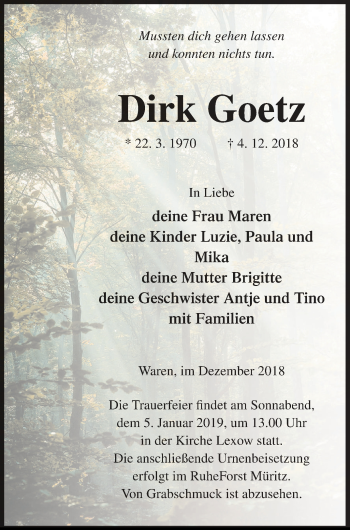 Traueranzeige von Dirk Goetz von Müritz-Zeitung