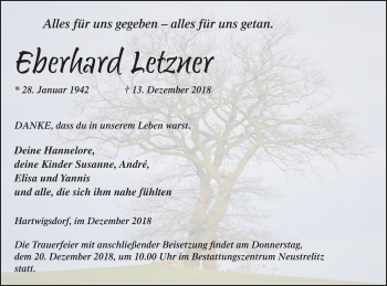 Traueranzeige von Eberhard Letzner von Strelitzer Zeitung