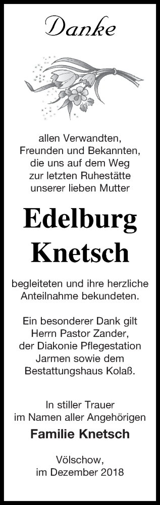 Traueranzeige von Edelburg Knetsch von Vorpommern Kurier