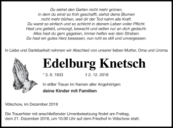 Traueranzeige von Edelburg Knetsch von Vorpommern Kurier