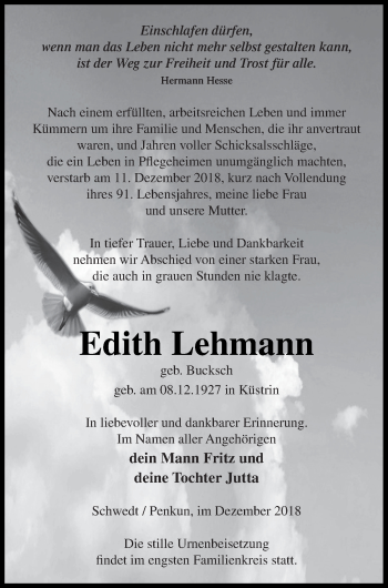 Traueranzeige von Edith Lehmann von Pasewalker Zeitung