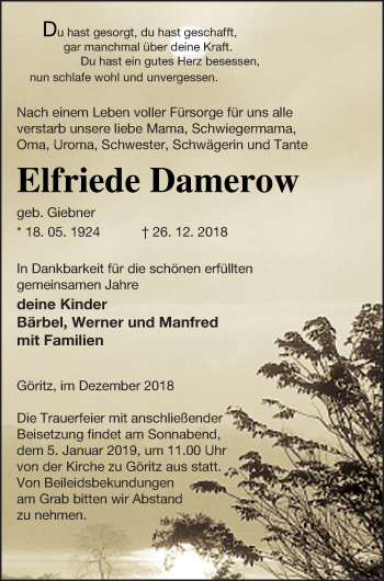 Traueranzeige von Elfriede Damerow von Prenzlauer Zeitung