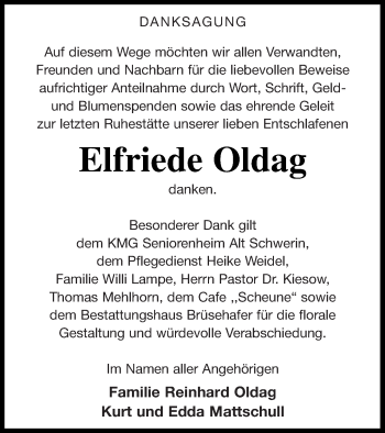 Traueranzeige von Elfriede Oldag von Müritz-Zeitung