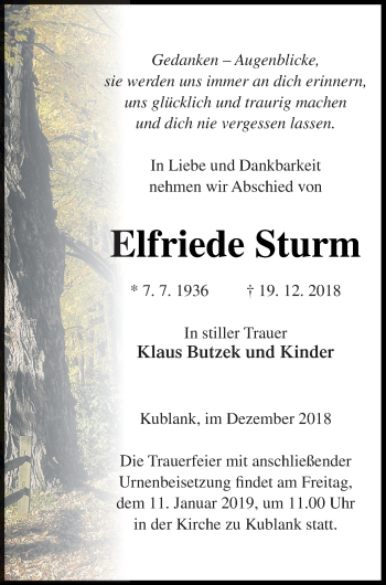 Traueranzeige von Elfriede Sturm von Strelitzer Zeitung