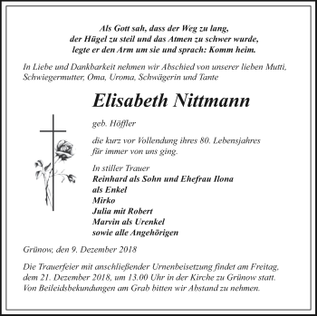 Traueranzeige von Elisabeth Nittmann von Prenzlauer Zeitung