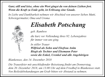 Traueranzeige von Elisabeth Potschang von Pasewalker Zeitung