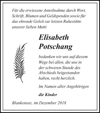 Traueranzeige von Elisabeth Potschang von Pasewalker Zeitung