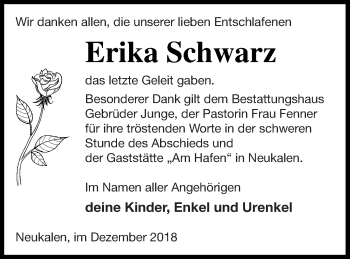 Traueranzeige von Erika Schwarz von Mecklenburger Schweiz