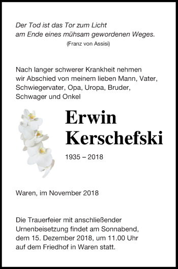 Traueranzeige von Erwin Kerschefski von Müritz-Zeitung