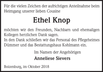 Traueranzeige von Ethel Knop von Hagenower Kreisblatt