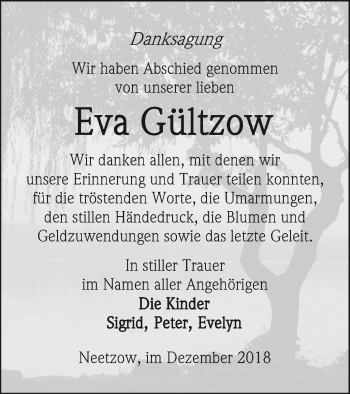 Traueranzeige von Eva Gültzow von Vorpommern Kurier