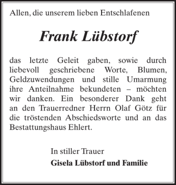 Traueranzeige von Frank Lübstorf von Güstrower Anzeiger