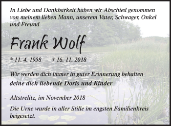 Traueranzeige von Frank Wolf von Strelitzer Zeitung