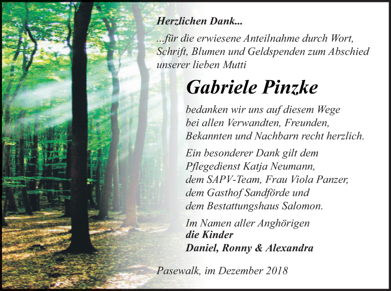  Traueranzeige für Gabriele Pinzke vom 22.12.2018 aus Pasewalker Zeitung