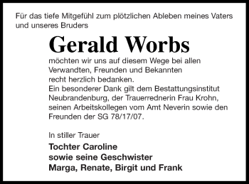 Traueranzeige von Gerald Worbs von Neubrandenburger Zeitung