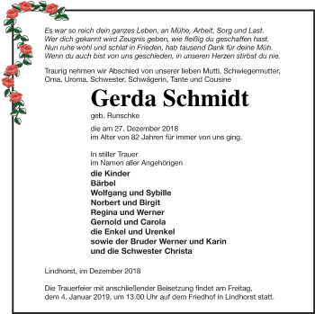 Traueranzeige von Gerda Schmidt von Pasewalker Zeitung