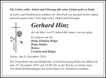 Traueranzeige von Gerhard Hinz von Prenzlauer Zeitung