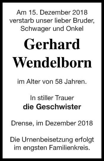 Traueranzeige von Gerhard Wendelborn von Prenzlauer Zeitung