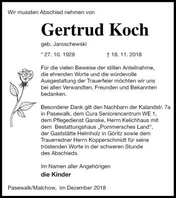 Traueranzeige von Gertrud Koch von Pasewalker Zeitung
