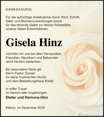 Traueranzeige von Gisela Hinz von Demminer Zeitung