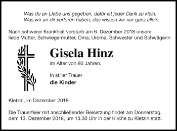 Traueranzeige von Gisela Hinz von Demminer Zeitung