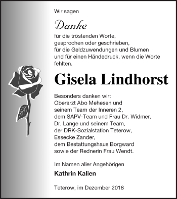 Traueranzeige von Gisela Lindhorst von Mecklenburger Schweiz