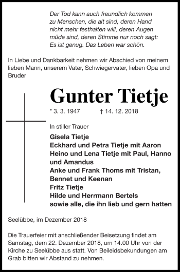 Traueranzeige von Gunter Tietje von Prenzlauer Zeitung