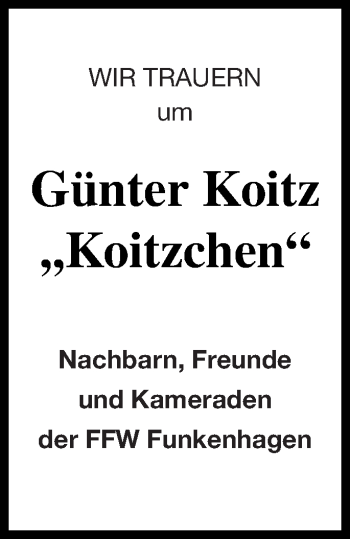 Traueranzeige von Günter Koitz von Templiner Zeitung