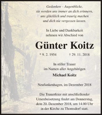 Traueranzeige von Günter Koitz von Templiner Zeitung