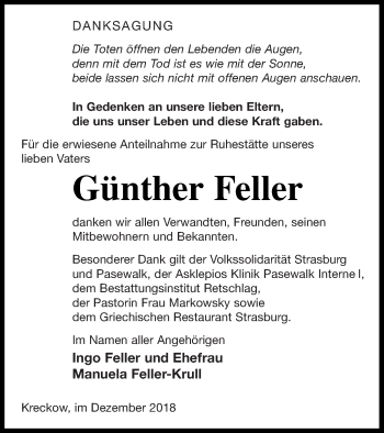 Traueranzeige von Günther Feller von Pasewalker Zeitung