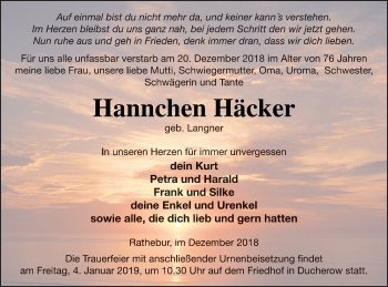 Traueranzeige von Hannchen Häcker von Vorpommern Kurier