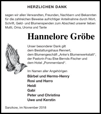 Traueranzeige von Hannelore Gröbe von Demminer Zeitung