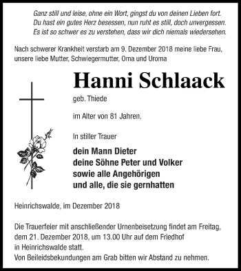 Traueranzeige von Hanni Schlaack von Haff-Zeitung