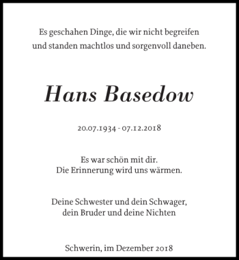 Traueranzeige von Hans Basedow von Hagenower Kreisblatt