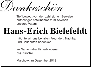 Traueranzeige von Hans-Erich Bielefeldt von Müritz-Zeitung