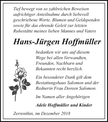 Traueranzeige von Hans-Jürgen Hoffmüller von Pasewalker Zeitung