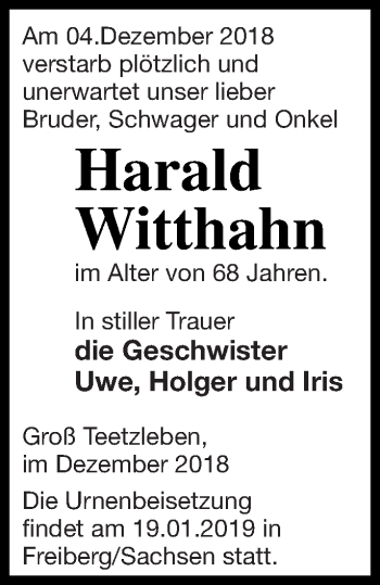 Traueranzeige von Harald Witthahn von Neubrandenburger Zeitung