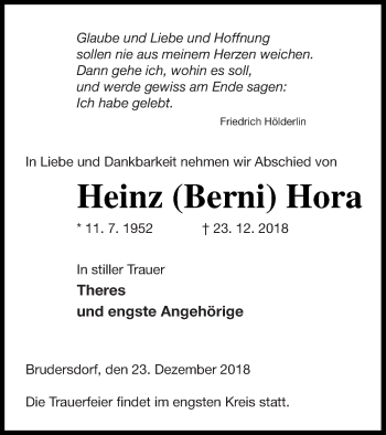 Traueranzeige von Heinz Hora von Mecklenburger Schweiz