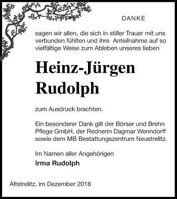 Traueranzeige von Heinz-Jürgen Rudolph von Strelitzer Zeitung